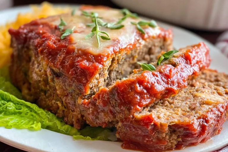 A freshly sliced Italian meatloaf topped with a rich tomato sauce, melted cheese, and fresh herbs, served on a white plate.