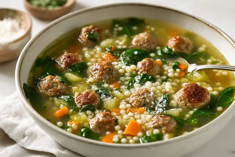 A rustic bowl of Italian wedding soup, featuring savory mini meatballs, vibrant spinach, tiny pasta pearls, carrots, and celery.