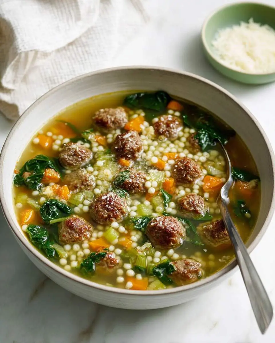 italian wedding soup A cozy bowl of Italian wedding soup filled with mini meatballs, pearl pasta, spinach, and vegetables, with a spoon and a side of grated cheese.