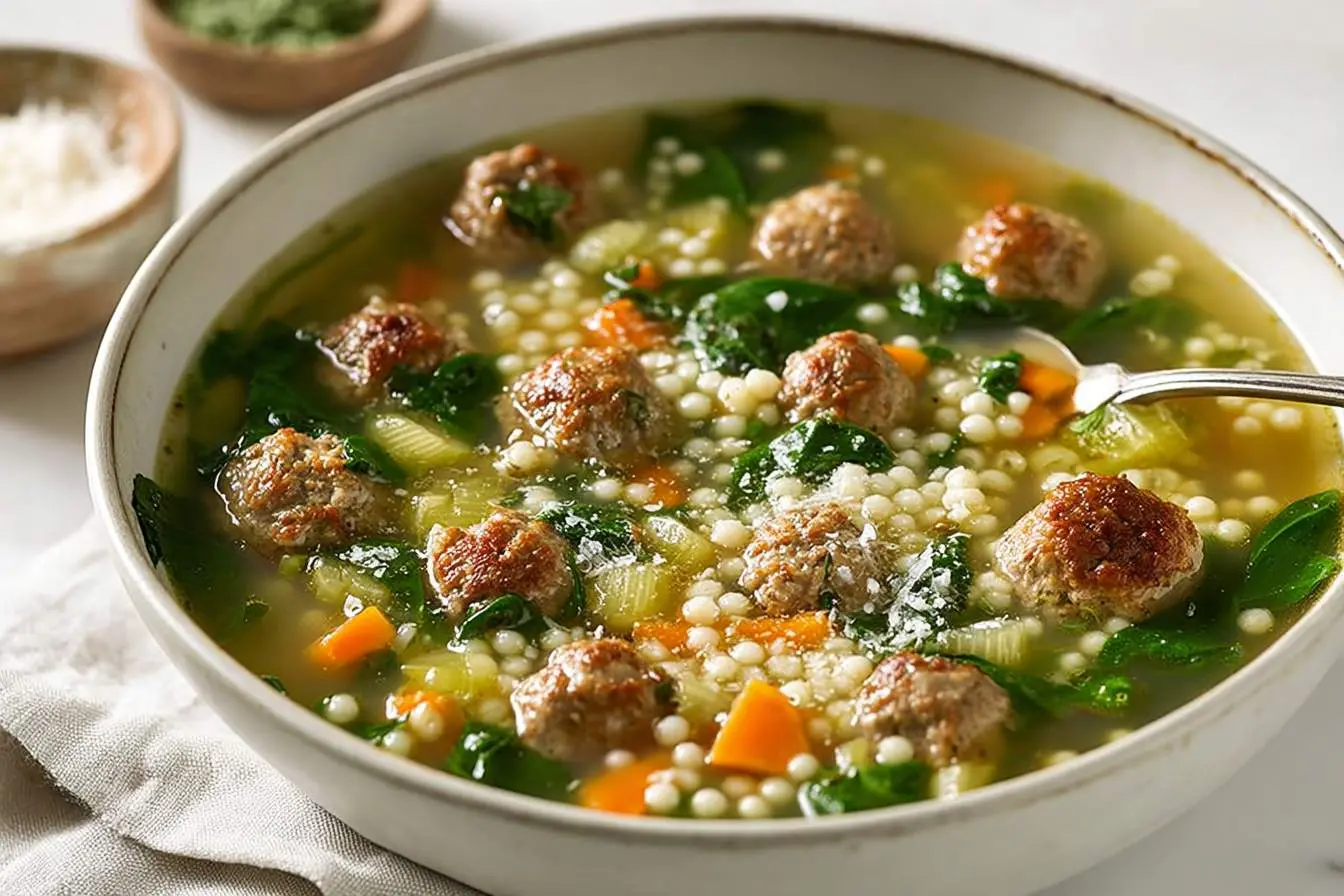 A rustic bowl of Italian wedding soup, featuring savory mini meatballs, vibrant spinach, tiny pasta pearls, carrots, and celery.