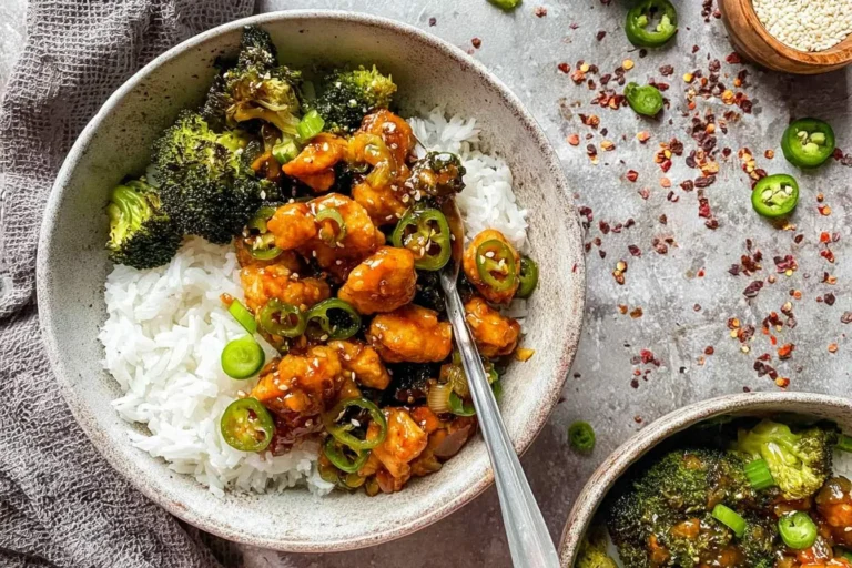 A close-up of a rustic bowl filled with white rice, crispy jalapeno chicken, roasted broccoli, green onions, and sesame seeds.