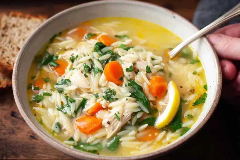 A close-up of a rustic bowl filled with steaming chicken orzo soup, featuring shredded chicken, orzo pasta, sliced carrots, fresh spinach, and a lemon wedge, with a spoon entering from the side.