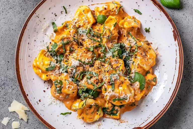 A close-up of a plate of creamy Marry Me Tortellini, generously topped with fresh basil, grated Parmesan, and spices.