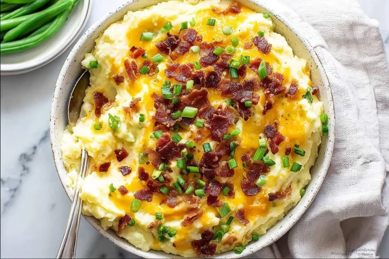 A close-up view of creamy mashed potatoes generously topped with melted cheddar cheese, crispy bacon bits, and fresh green onions.