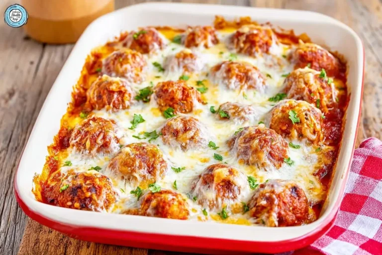 A delicious Meatball Casserole baked in a red and white dish, topped with melted cheese and fresh parsley.