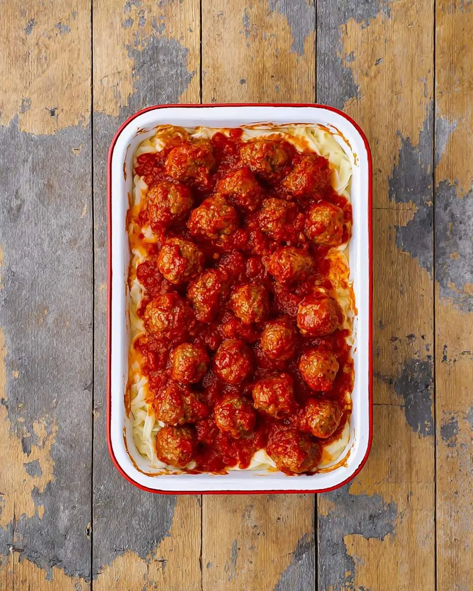 An overhead view of a delicious Meatball Casserole in a white baking dish with red rim, served over pasta on a rustic wooden table.