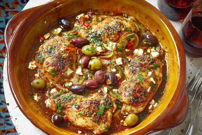 Close-up of a rustic dish of mediterranean chicken thighs with olives, feta cheese, onions, and herbs in a rich sauce.
