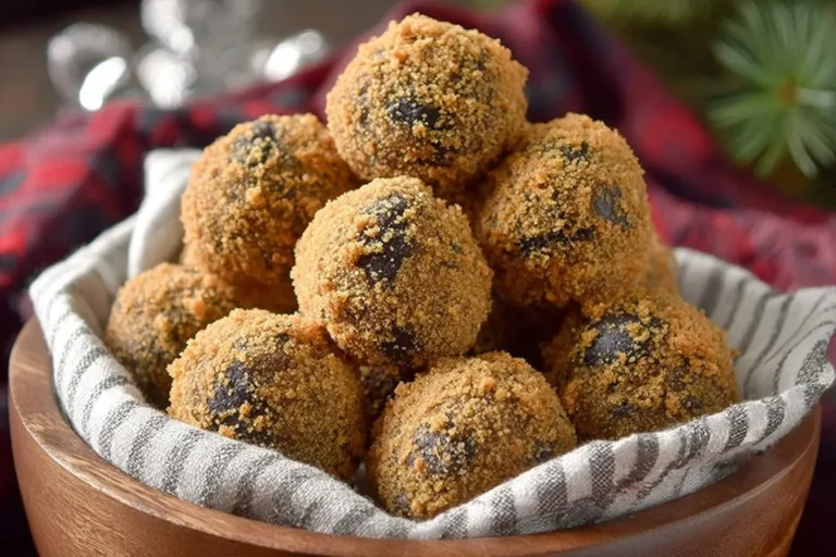 A wooden bowl filled with delicious no-bake moose farts, coated in crumbs and resting on a striped napkin, with a festive background.