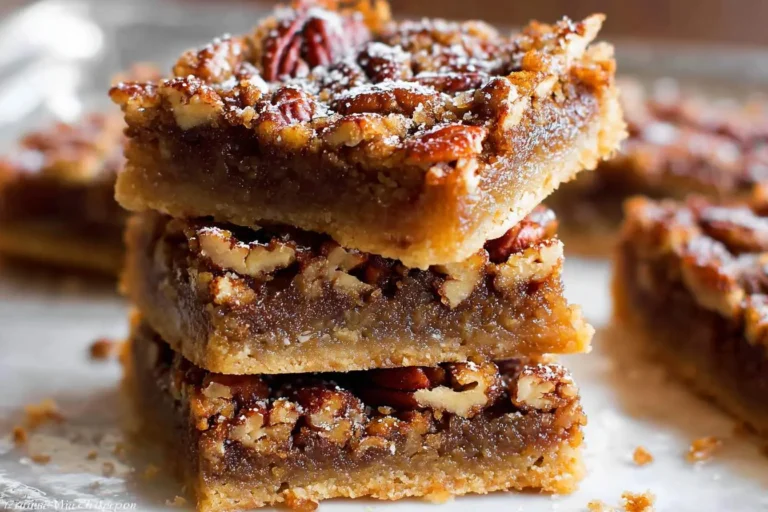 A stack of three golden brown pecan pie bars, generously topped with whole pecans and dusted with powdered sugar.