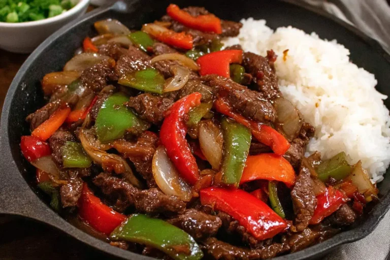 Sizzling pepper steak with vibrant bell peppers and onions in a rich sauce, served with fluffy white rice in a black skillet.