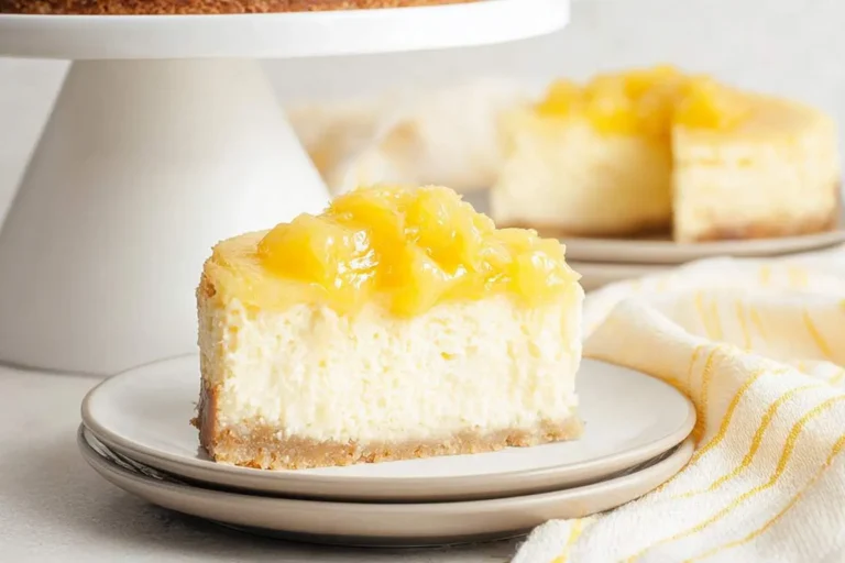 A delicious slice of pineapple cheesecake with a chunky golden pineapple topping rests on a plate, with a whole cheesecake blurred in the background.