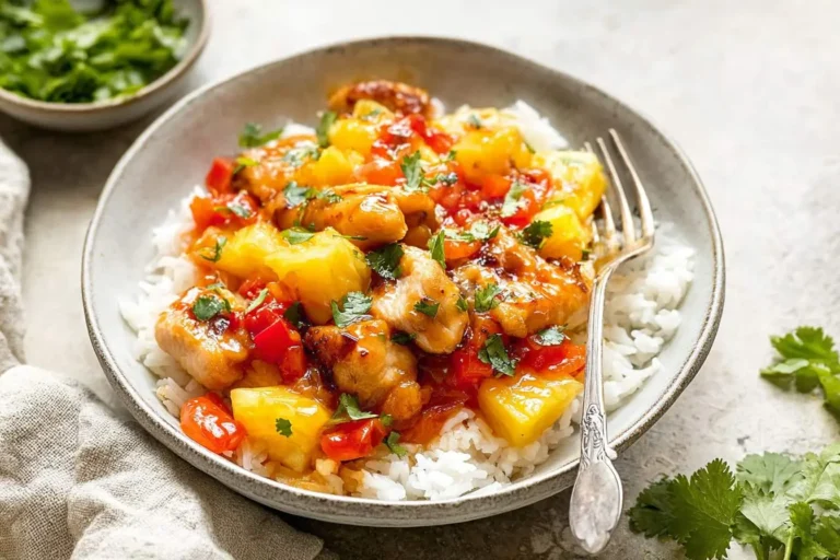 A rustic bowl of sweet and savory pineapple chicken served over fluffy white rice, garnished with fresh cilantro, with a fork resting on the side.
