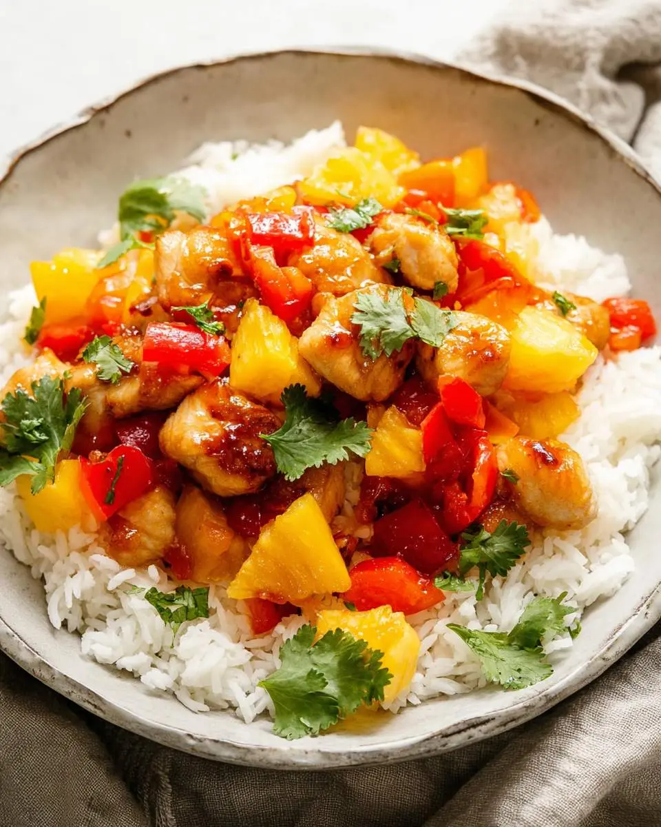 A close-up shot of a rustic bowl filled with fluffy white rice topped with sweet and sour pineapple chicken, vibrant bell peppers, and fresh cilantro.
