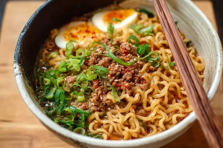 A vibrant bowl of spicy ramen noodles topped with savory ground meat, two soft-boiled eggs, fresh green onions, chili flakes, and sesame seeds, with chopsticks resting on the rim.