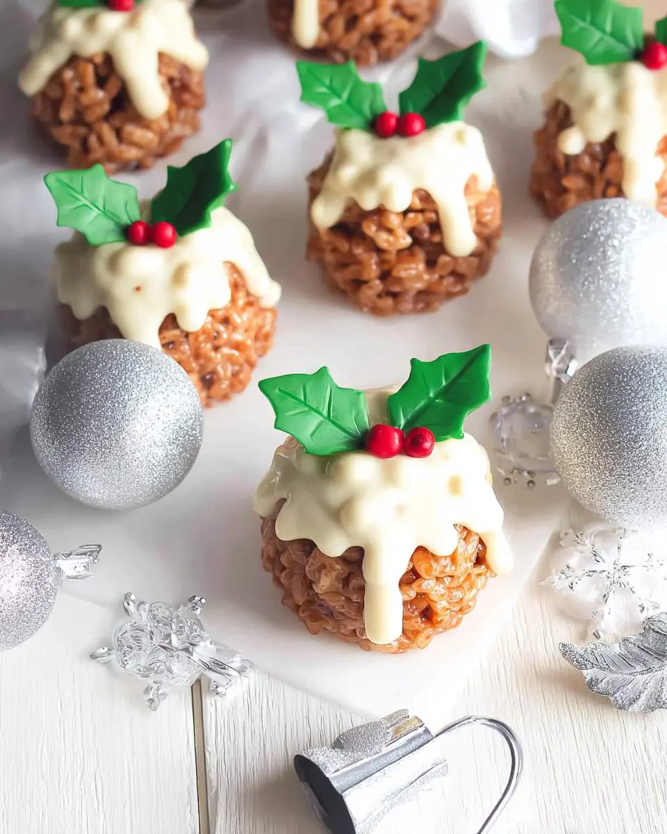A close-up shows festive Rice Krispie Christmas Puddings topped with white icing, green holly, and red berries, surrounded by silver holiday decorations.
