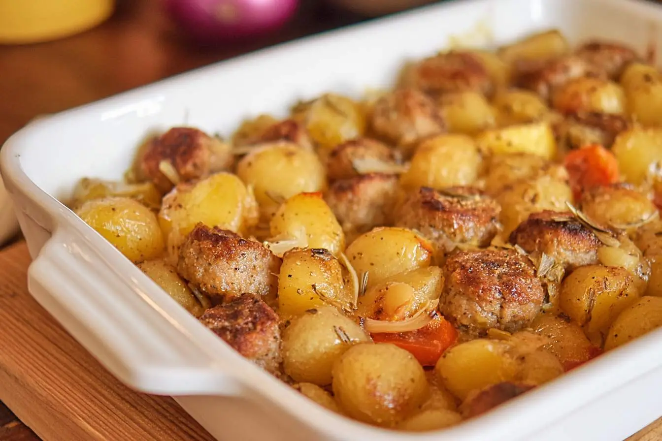 A close-up of a delicious homemade sausage potato casserole baked in a white ceramic dish, with browned meatballs and golden potatoes.