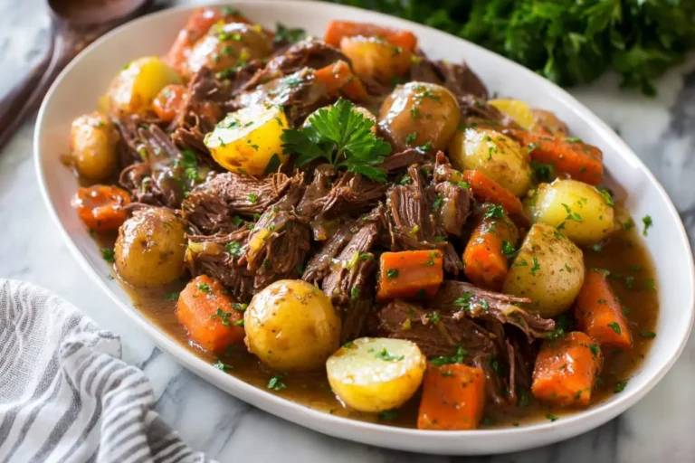 A white platter features a hearty slow cooker pot roast with tender shredded beef, whole baby potatoes, and chunky carrots in savory gravy, garnished with parsley.