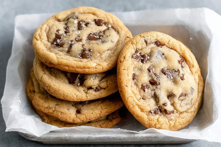 A stack of golden brown small batch chocolate chip cookies with melted chocolate chips and sea salt flakes in a parchment-lined tray.