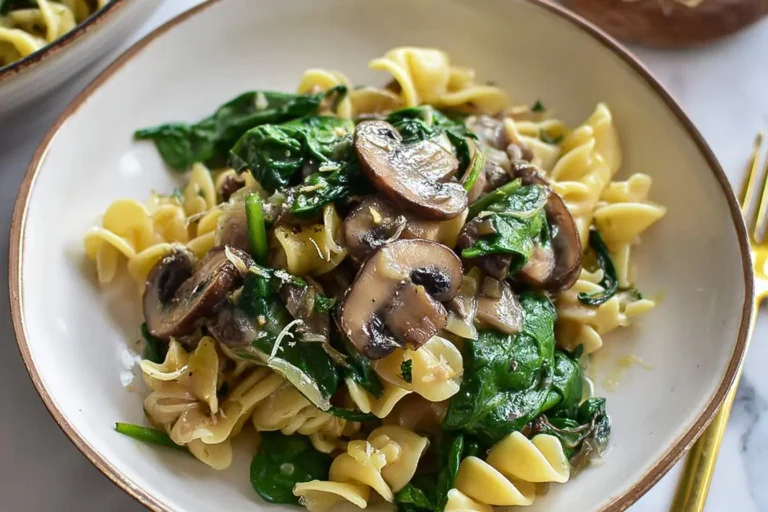 A close-up of a white bowl filled with delicious pasta with mushrooms and spinach, ready to be enjoyed.