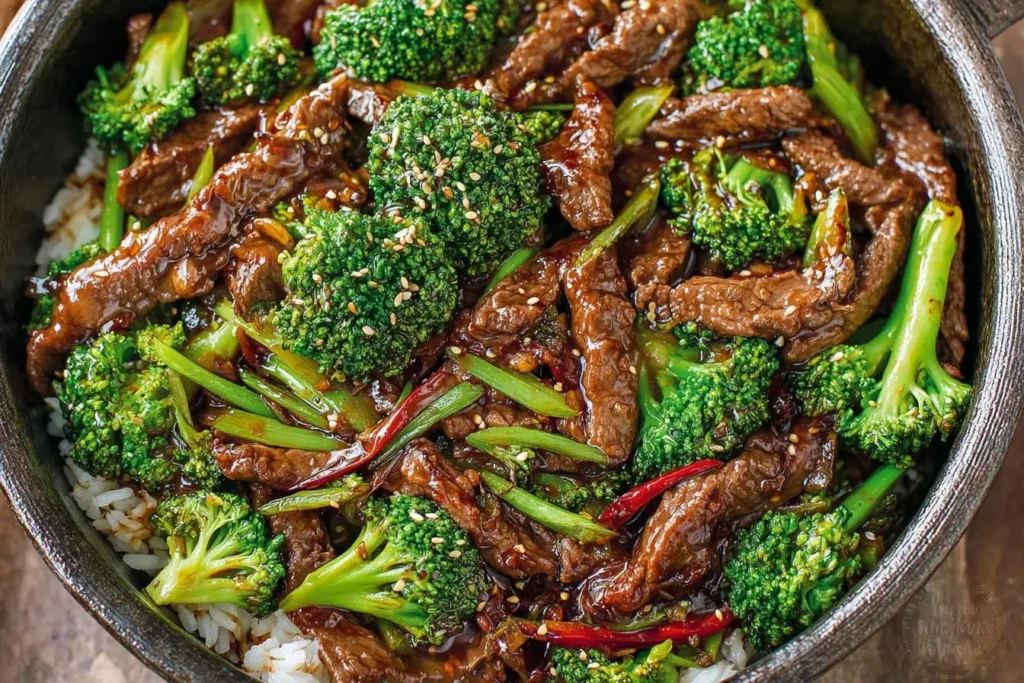 A close-up of a delicious steak and broccoli stir fry with sesame seeds, served over white rice in a dark bowl.