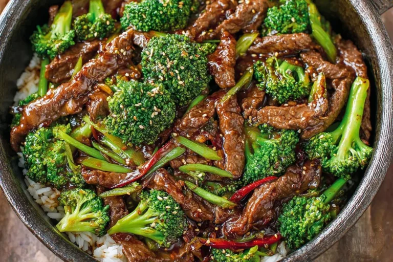 A close-up of a delicious steak and broccoli stir fry with sesame seeds, served over white rice in a dark bowl.