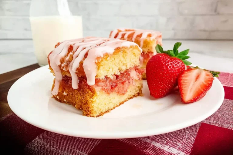 Two slices of strawberry honeybun cake with a pink glaze and strawberry filling are served on a white plate with fresh strawberries and milk.