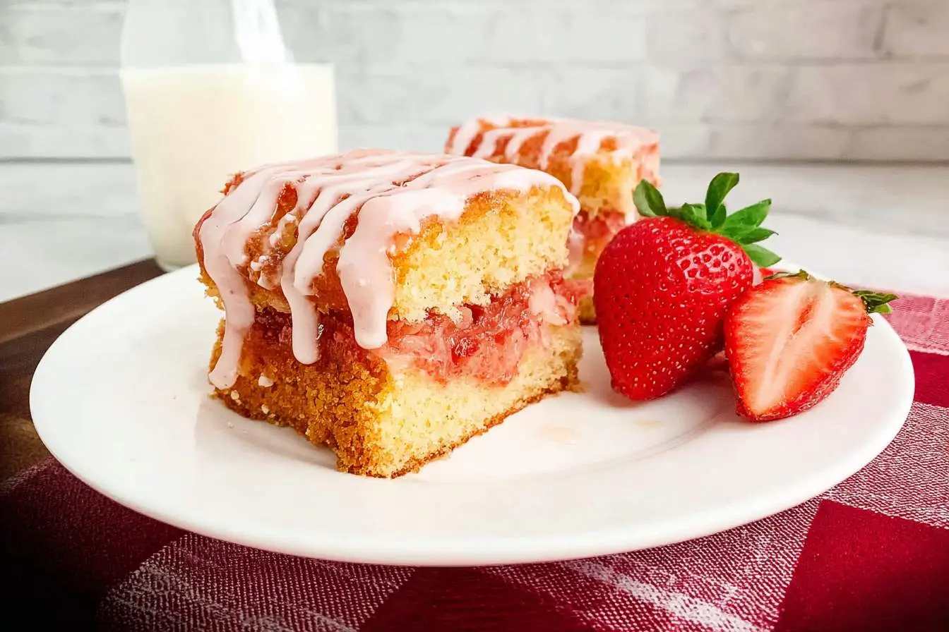Two slices of strawberry honeybun cake with a pink glaze and strawberry filling are served on a white plate with fresh strawberries and milk.