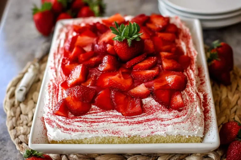 A luscious square strawberry tres leches cake in a white dish, topped with whipped cream, fresh sliced strawberries, and red sprinkles.