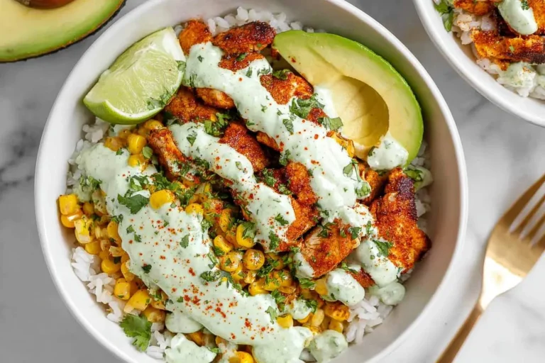 A vibrant street corn chicken rice bowl generously topped with seasoned chicken, corn, avocado, lime, and a creamy green sauce.