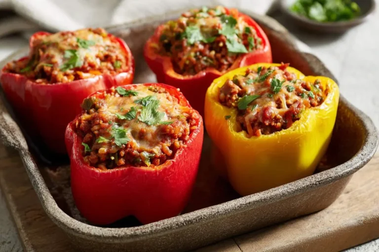 Four vibrant stuffed bell peppers, two red and one yellow, baked in a rustic baking dish, topped with melted cheese and fresh parsley.