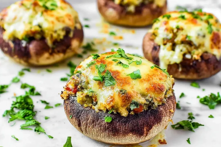 Close-up of several golden-baked Stuffed Mushrooms, topped with melted cheese and sprinkled with fresh green parsley, on a white background.