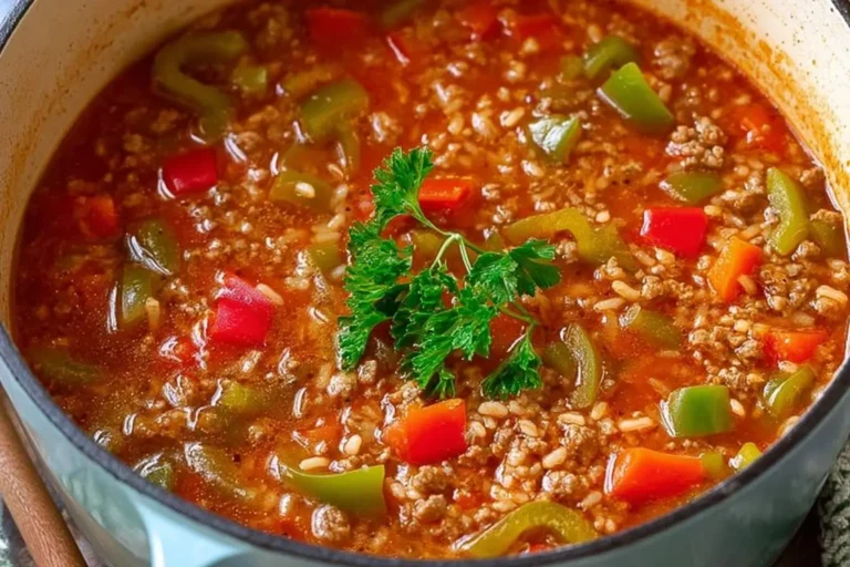 A close-up of a hearty pot of stuffed pepper soup, featuring ground beef, rice, diced red and green bell peppers, and garnished with fresh parsley.