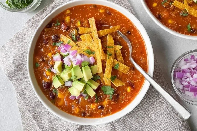 A vibrant bowl of vegetarian taco soup, generously topped with diced avocado, red onion, cilantro, and crispy tortilla strips.