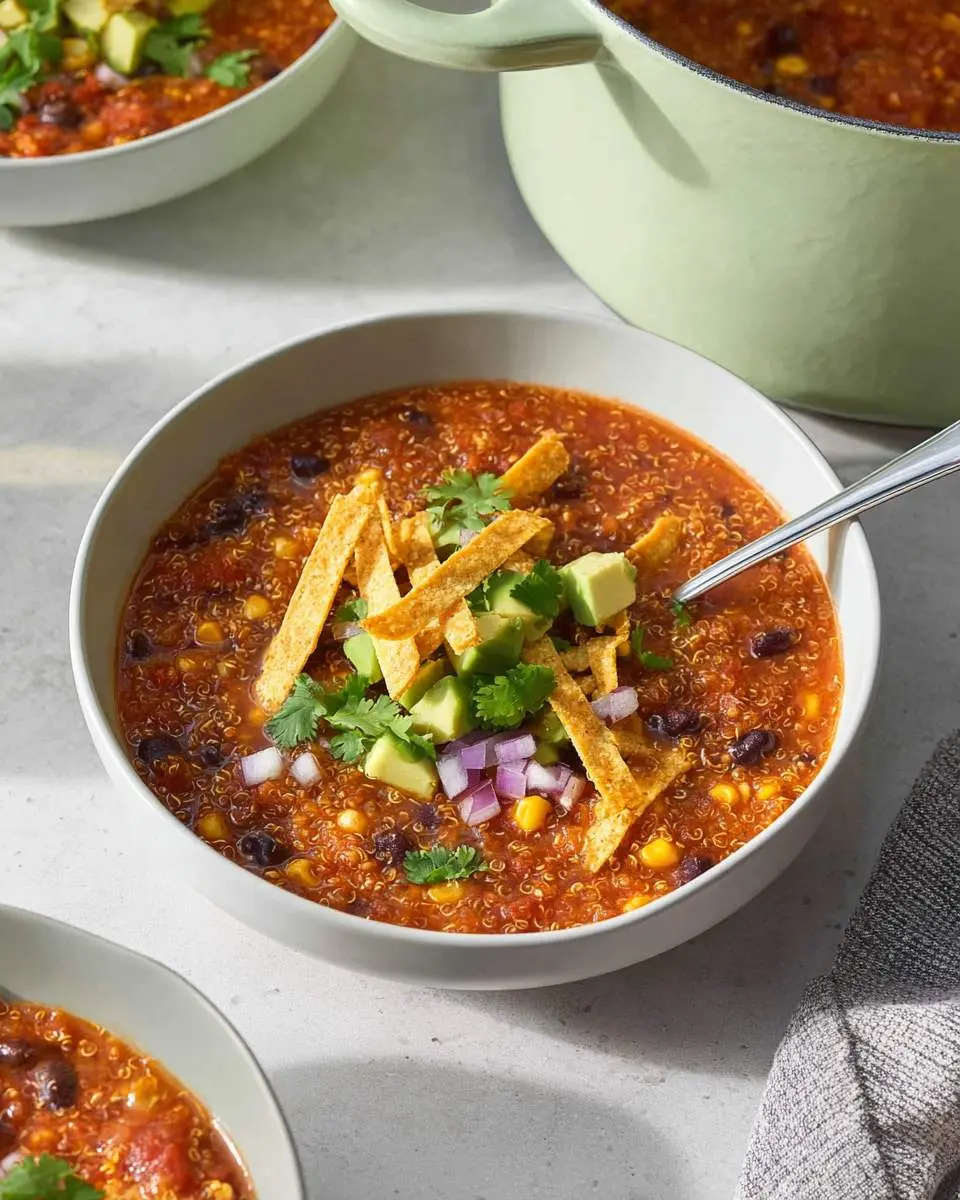 A white bowl filled with vibrant taco soup, featuring quinoa, black beans, corn, and topped with crispy tortilla strips, fresh avocado, red onion, and cilantro.