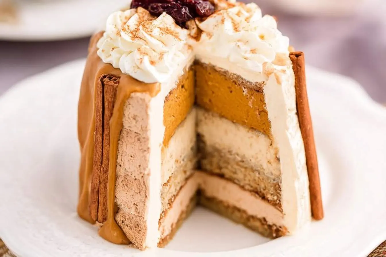 A decadent slice of multi-layered cake with pumpkin, cream, and chocolate mousse layers, topped with whipped cream, caramel, and cinnamon.