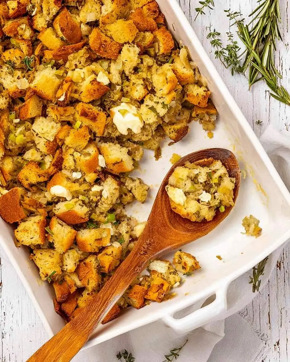 A white baking dish filled with golden-brown thanksgiving stuffing, featuring bread cubes, herbs, and melted butter, with a wooden spoon holding a scoop.