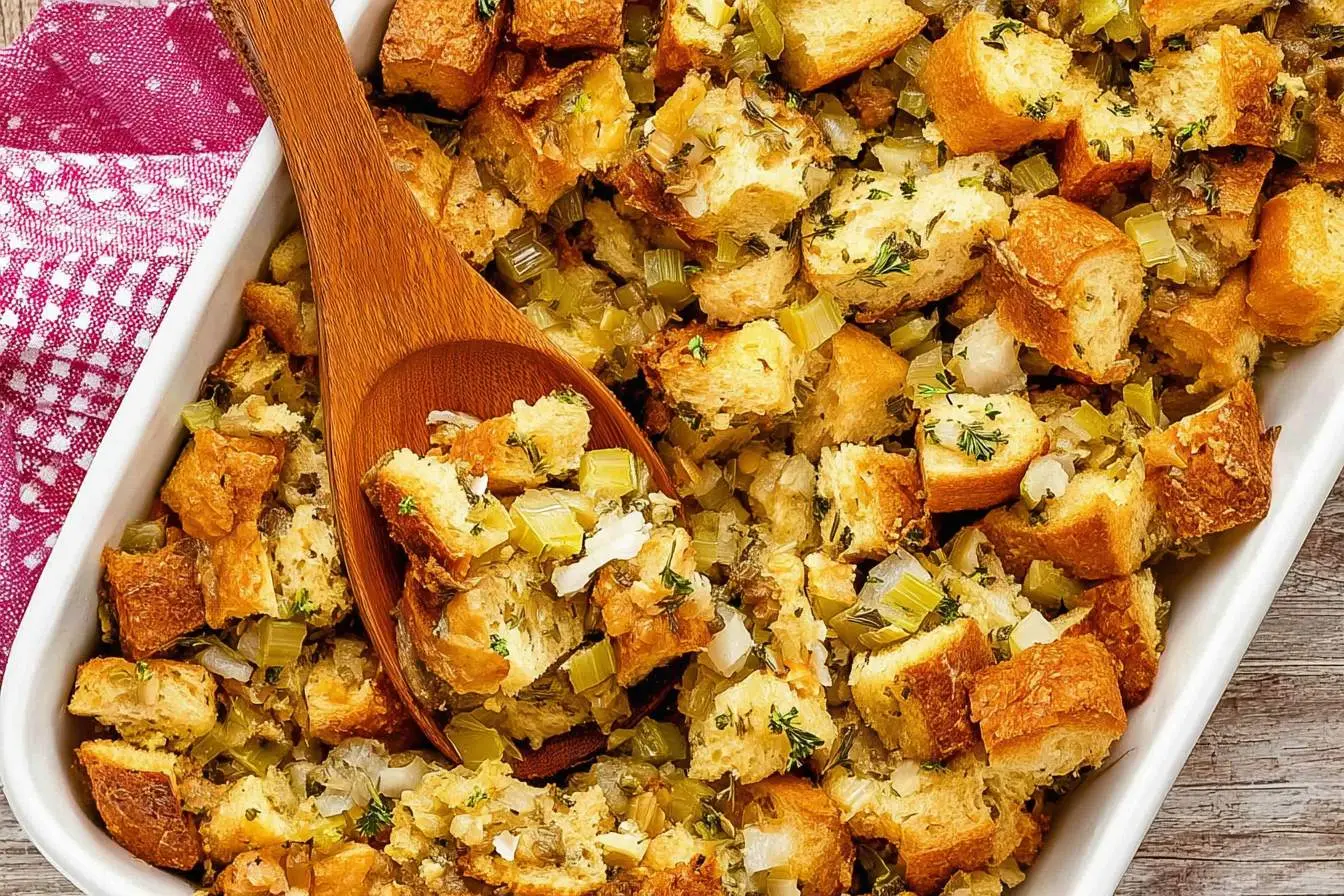 A close-up of golden-brown thanksgiving stuffing with crispy bread cubes, celery, onions, and herbs, served in a white baking dish with a wooden spoon.