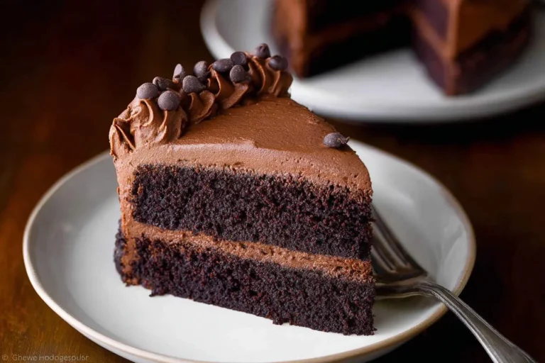 A decadent slice of triple chocolate cake with two layers, rich chocolate frosting, and chocolate chips, served on a white plate.