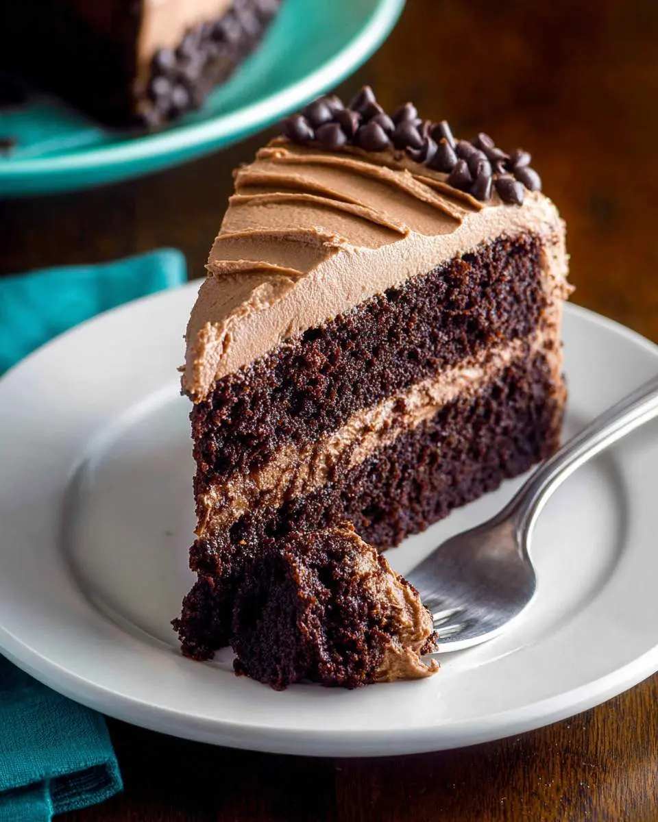 triple chocolate cake A delicious slice of triple chocolate cake with chocolate frosting and chocolate chips on top, with a bite taken out, resting on a white plate.