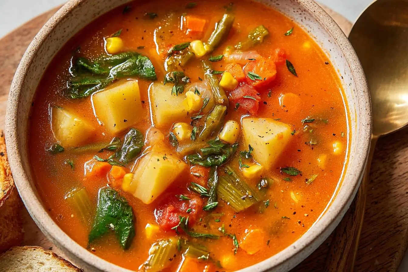 A rustic bowl of hearty vegetable soup filled with chunks of potato, spinach, corn, carrots, green beans, and tomatoes.