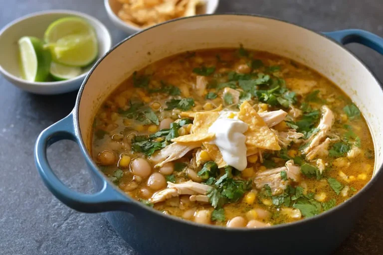 A blue Dutch oven brimming with hearty white chicken chili, garnished with shredded chicken, white beans, corn, cilantro, tortilla strips, sour cream, and lime wedges.