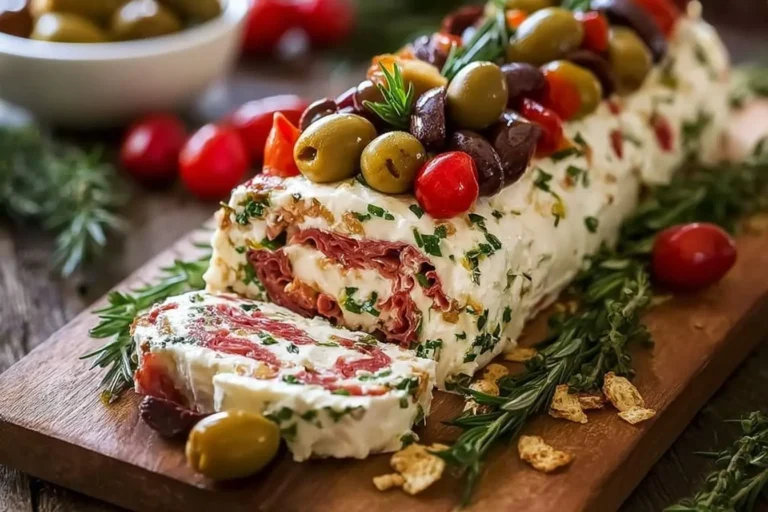 A sliced Antipasto Cream Cheese Log garnished with green and black olives, cherry tomatoes, and fresh rosemary on a rustic wooden board.