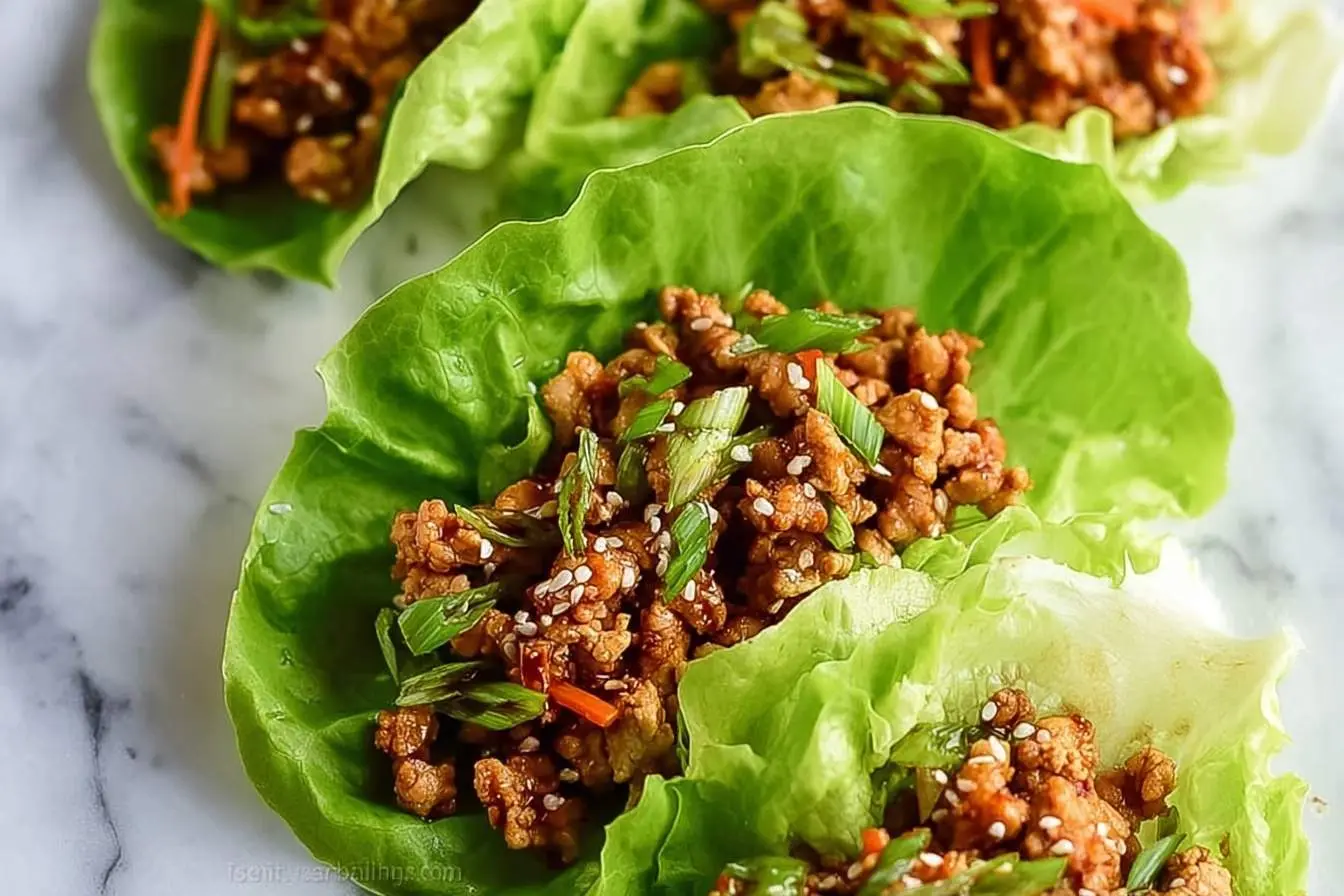 Close-up of several vibrant Asian Chicken Lettuce Wraps filled with savory minced chicken, green onions, and sesame seeds.