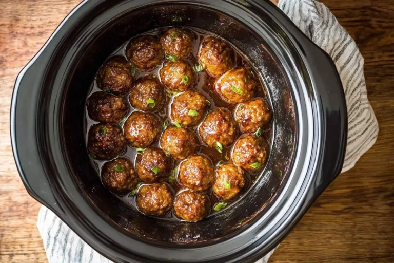 Overhead view of glistening Asian Meatballs Crockpot style, simmering in a rich sauce and garnished with green onions.
