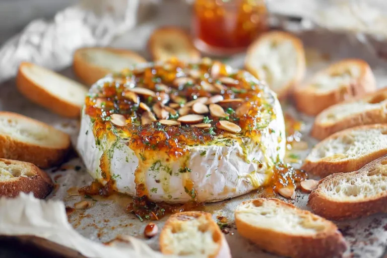 A warm wheel of baked brie with jam, glistening with apricot preserves, sliced almonds, and fresh herbs, surrounded by toasted baguette slices.