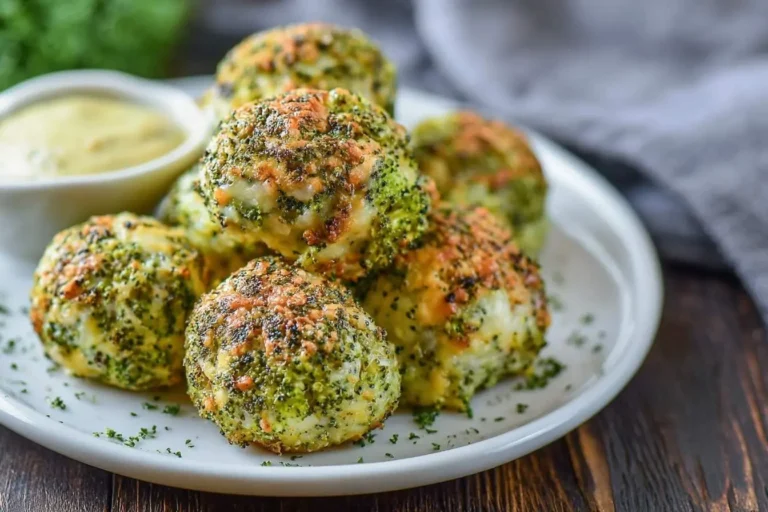 A white plate filled with golden-brown Baked Broccoli Cheese Balls, sprinkled with parsley, alongside a small bowl of dipping sauce.