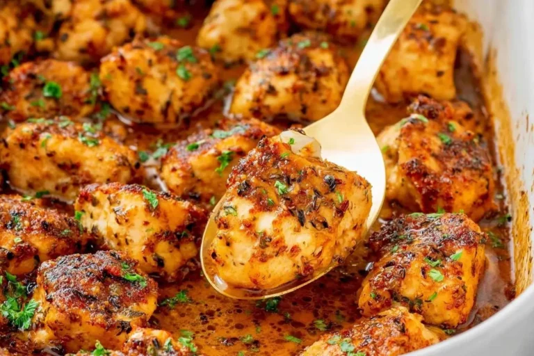 A close-up of golden brown, herb-crusted Baked Chicken Bites simmering in a rich sauce, with a gold spoon lifting one succulent piece from a white baking dish.