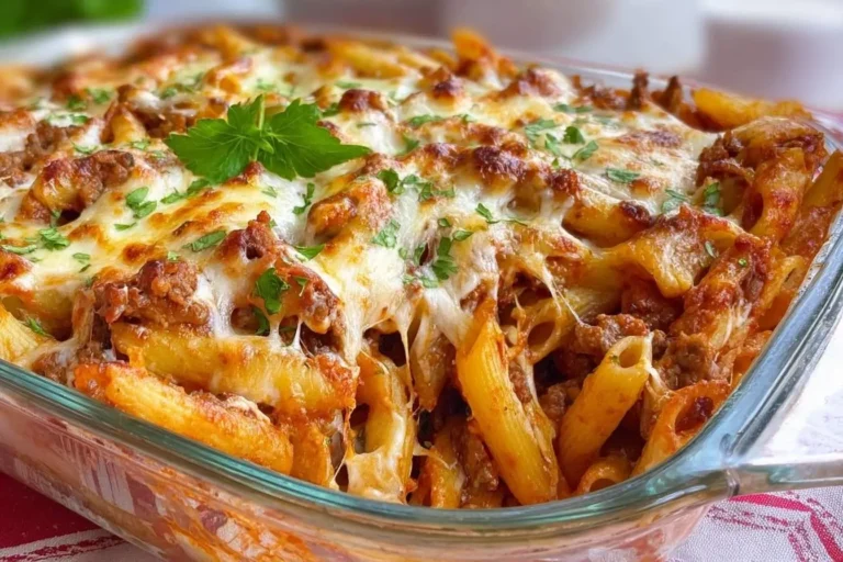 A close-up of a bubbling, cheesy baked mostaccioli casserole in a glass dish, garnished with fresh parsley.