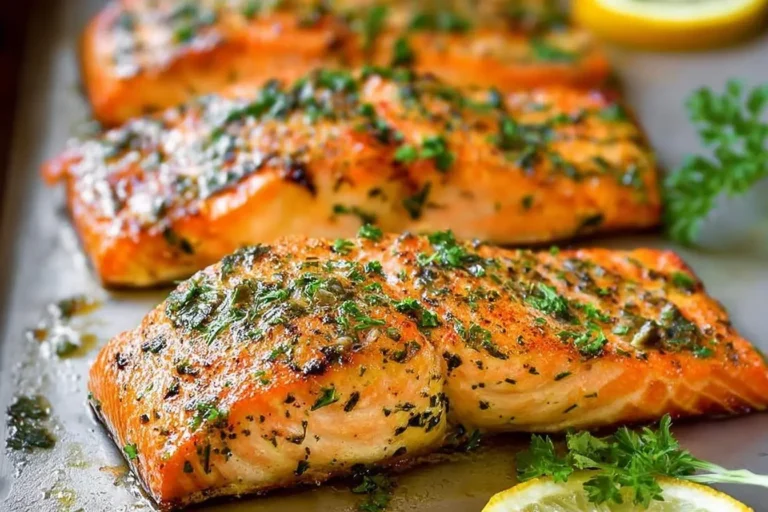 Close-up of golden-brown baked salmon fillets seasoned with herbs, garnished with fresh parsley and lemon slices.