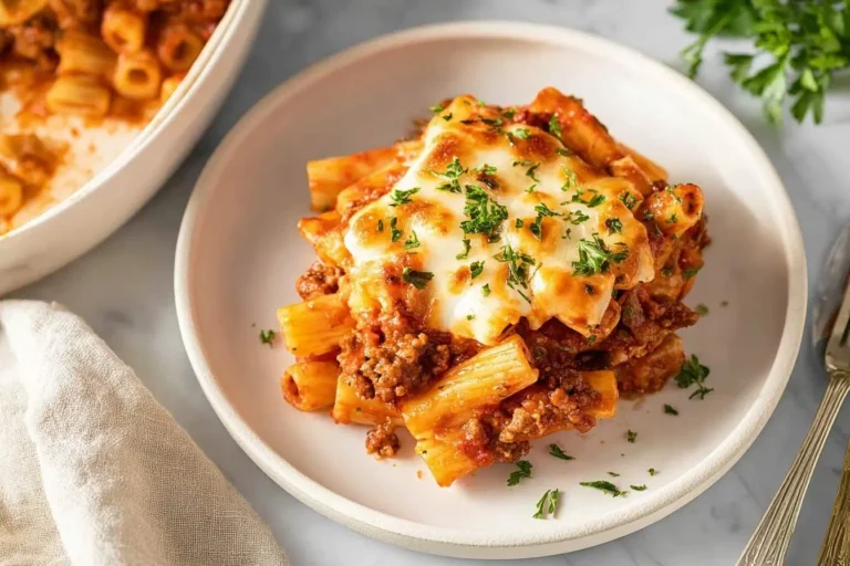 A plate of delicious Baked Ziti with a rich meat sauce, topped with bubbly melted mozzarella cheese and fresh parsley, served next to a baking dish.
